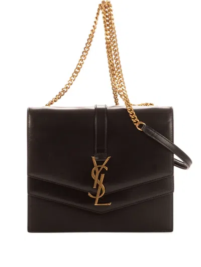 Pre-owned Saint Laurent Leather Logo Flap Bag In Black