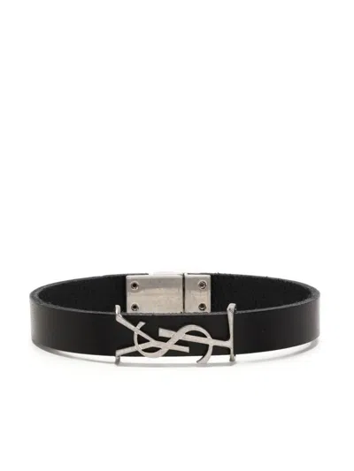 Saint Laurent Leather Logo-plaque Bracelet In Black