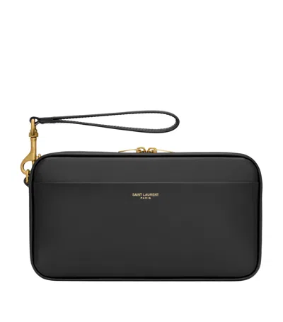 Saint Laurent Leather Logo Travel Pouch In Black
