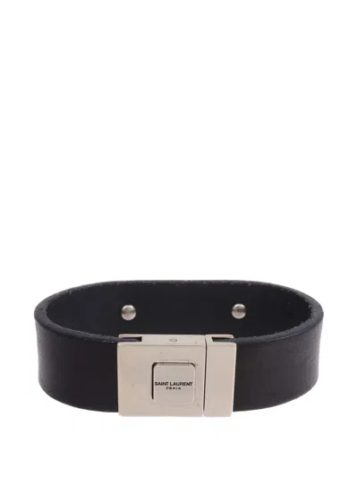 Pre-owned Saint Laurent Leather Logo-plaque Bracelet In Black