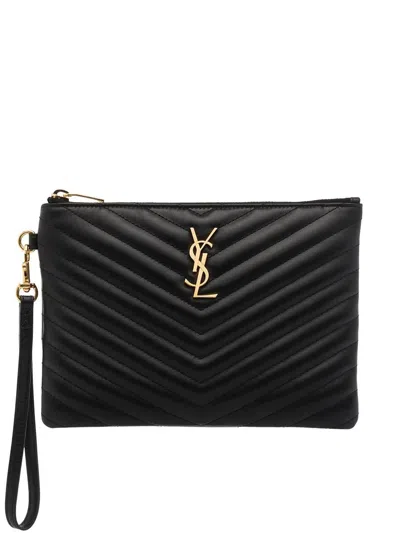 Saint Laurent Leather Matelassé Cassandre Pouch Bags In Black