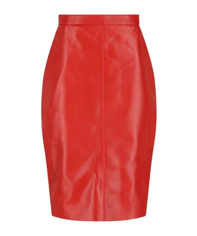 Saint Laurent Leather Midi Skirt In Red