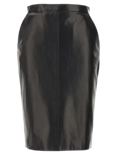 Saint Laurent Zip Detailed Leather Skirt For Women In Black