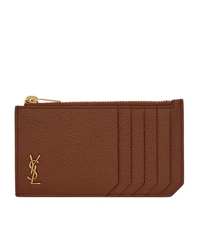 Saint Laurent Leather Monogram Card Holder In Brown