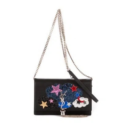 Pre-owned Saint Laurent Leather Moon & Star Embellished Kate Chain Pochette In Black