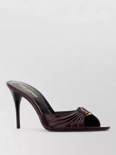 Saint Laurent Leather Mules Open Toe Ruched Stiletto Heel In Burgundy