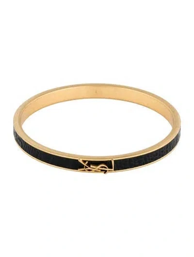 Pre-owned Saint Laurent Leather Opyum Bangle Bracelet, 8" In Black
