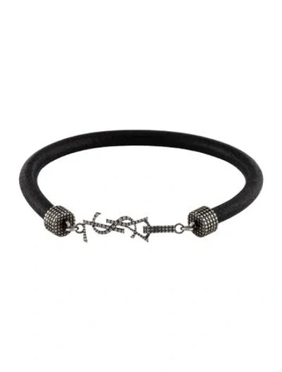 Pre-owned Saint Laurent Leather Opyum Logo Bangle Bracelet, 7.25" In Black
