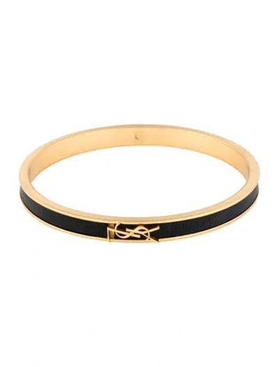 Pre-owned Saint Laurent Leather Opyum Monogram Bangle Bracelet, 8.75" In Black