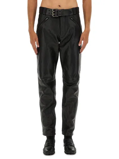 Saint Laurent Leather Trousers With Belt In Black
