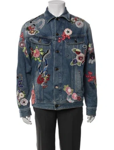 Pre-owned Saint Laurent Leather Patterned Denim Jacket In Blue
