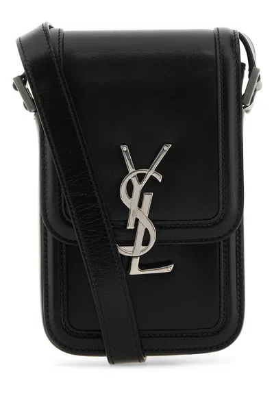 Saint Laurent Leather Phone Case 11cm X 18cm X 4cm With Crossbody Strap And Silver Hardware In Black