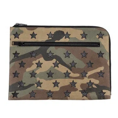 Pre-owned Saint Laurent Leather Portfolio Camouflage Zip Clutch Null In Green
