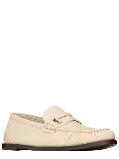 Saint Laurent Leather Sole Flat Sandals With Mini Gold-tone Cassandre Hardware In Neutral
