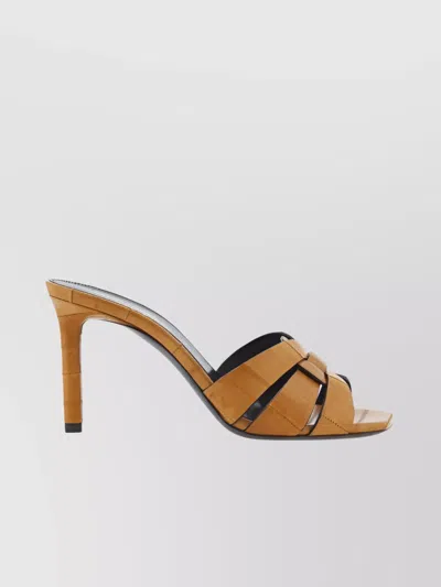 Saint Laurent Leather Stiletto Heel Sandals With Square Toe In Brown