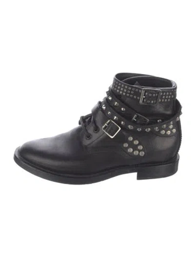 Pre-owned Saint Laurent Leather Studded Accents Combat Boots In Black