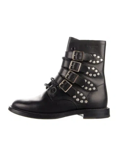 Pre-owned Saint Laurent Leather Studded Accents Combat Boots In Black