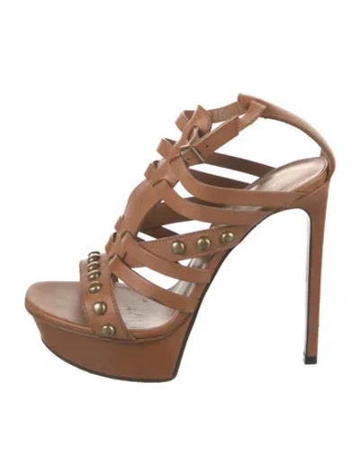 Pre-owned Saint Laurent Leather Studded Accents Gladiator Sandals In Brown