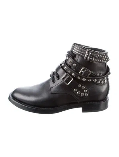 Pre-owned Saint Laurent Leather Studded Accents Moto Boots In Black