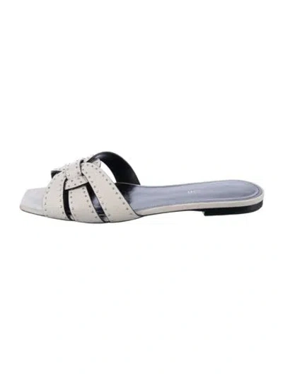 Pre-owned Saint Laurent Leather Studded Accents Slides In White
