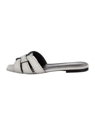 Pre-owned Saint Laurent Leather Studded Accents Slides In White