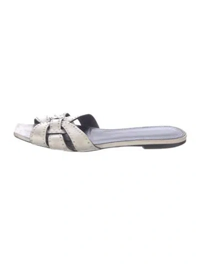 Pre-owned Saint Laurent Leather Studded Accents Slides In White