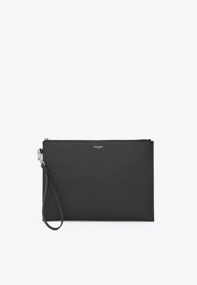 Saint Laurent Leather Tablet Holder Bag In Black