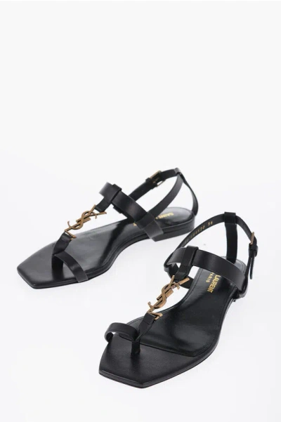 Saint Laurent Leather Thong Sandals With Statement Logo In Black