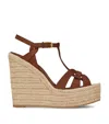 Saint Laurent Tribute Woven Leather Espadrille Wedge Sandals In Brown