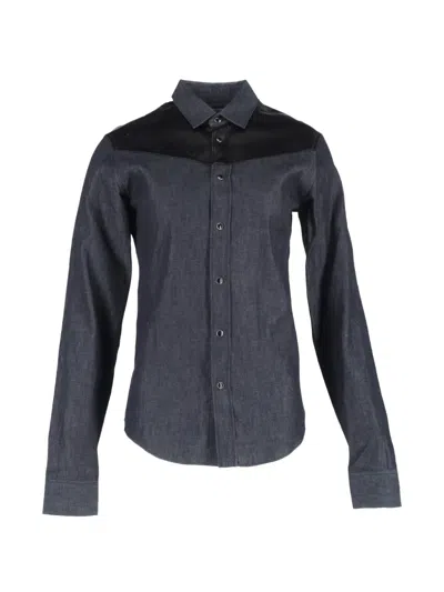 Pre-owned Saint Laurent Leather-trim Long-sleeve Shirt In Gray