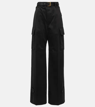 Saint Laurent Leather-trimmed Cotton Wide-leg Trousers In Black