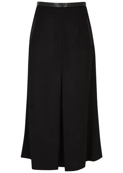 Saint Laurent Leather-trimmed Wool-blend Midi Skirt In Black