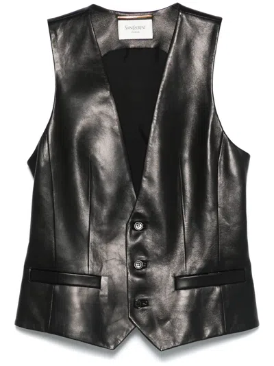 Saint Laurent Leather Waistcoat In Black