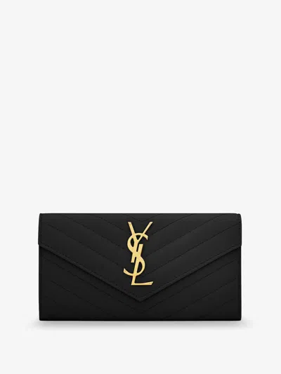 Saint Laurent Leather Wallet With Metal Cassandre Logo In Black