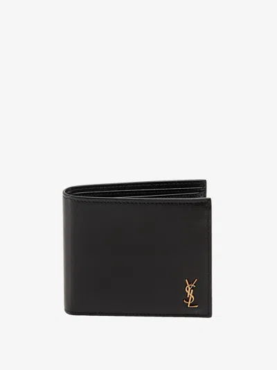 Saint Laurent Leather Wallet With Metal Monogram Detail In Black