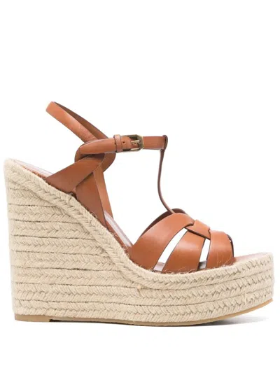 Saint Laurent Leather Women Shoes Espadrilles Wedge Rubber Sole In Brown