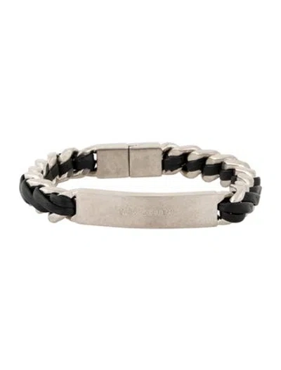 Pre-owned Saint Laurent Leather Woven Tag Curb Link Bracelet, 6.75" In Multi