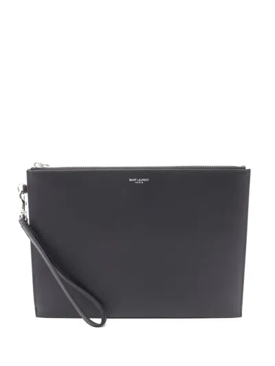 Pre-owned Saint Laurent Leather Zip Clutch Bag In Black