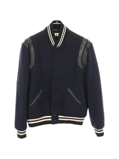 Pre-owned Saint Laurent Leather-trim Teddy Jacket In Blue