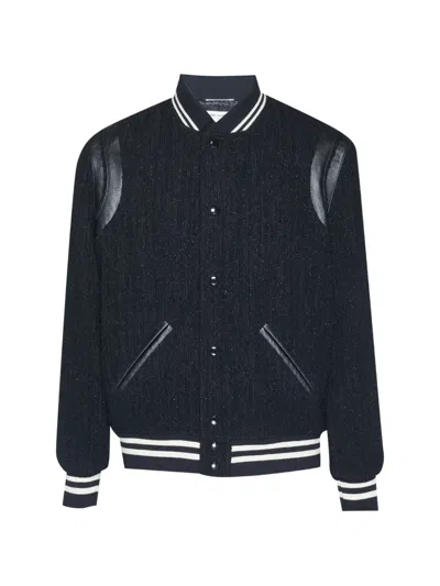 Pre-owned Saint Laurent Leather-trim Tweed-texture Varsity Jacket In Black
