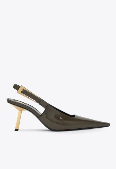 Saint Laurent Lee 75 Patent Leather Slingback Pumps In Amber Green