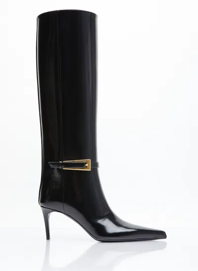 Saint Laurent Lee Buckled Glossed-leather Knee Boots In Black