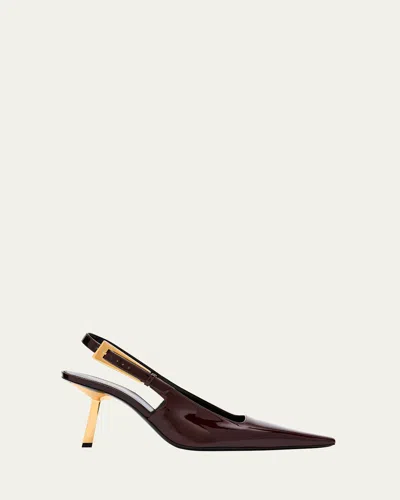 Saint Laurent Lee Embellished Patent-leather Slingback Pumps In Marron Glace