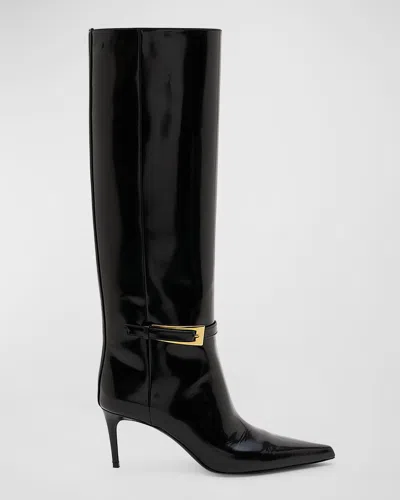 Saint Laurent Lee Patent Buckle Knee Boots In Noir