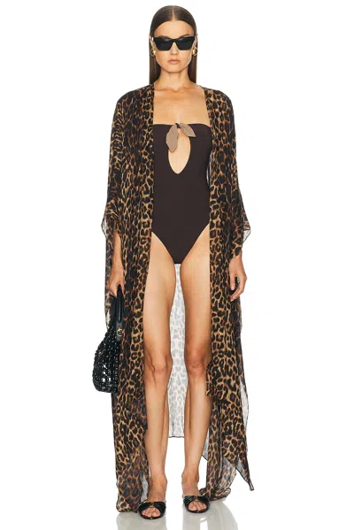 Saint Laurent Leopard Long Caftan In Beige & Black