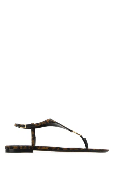 Saint Laurent Leopard Print Ankle Strap Sandals In Brown
