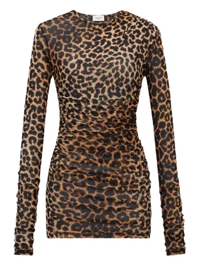 Saint Laurent Leopard Print Ruched Long Sleeve Mesh Minidress In Brown
