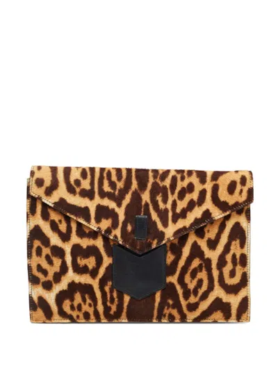 Pre-owned Saint Laurent Leopard-print Envelope Clutch Bag In Brown