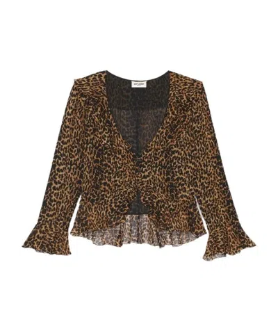 Saint Laurent Leopard-print Frilled Blouse In Black