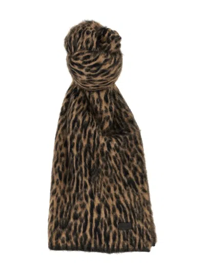 Saint Laurent Leopard-print Knit Scarf In Brown